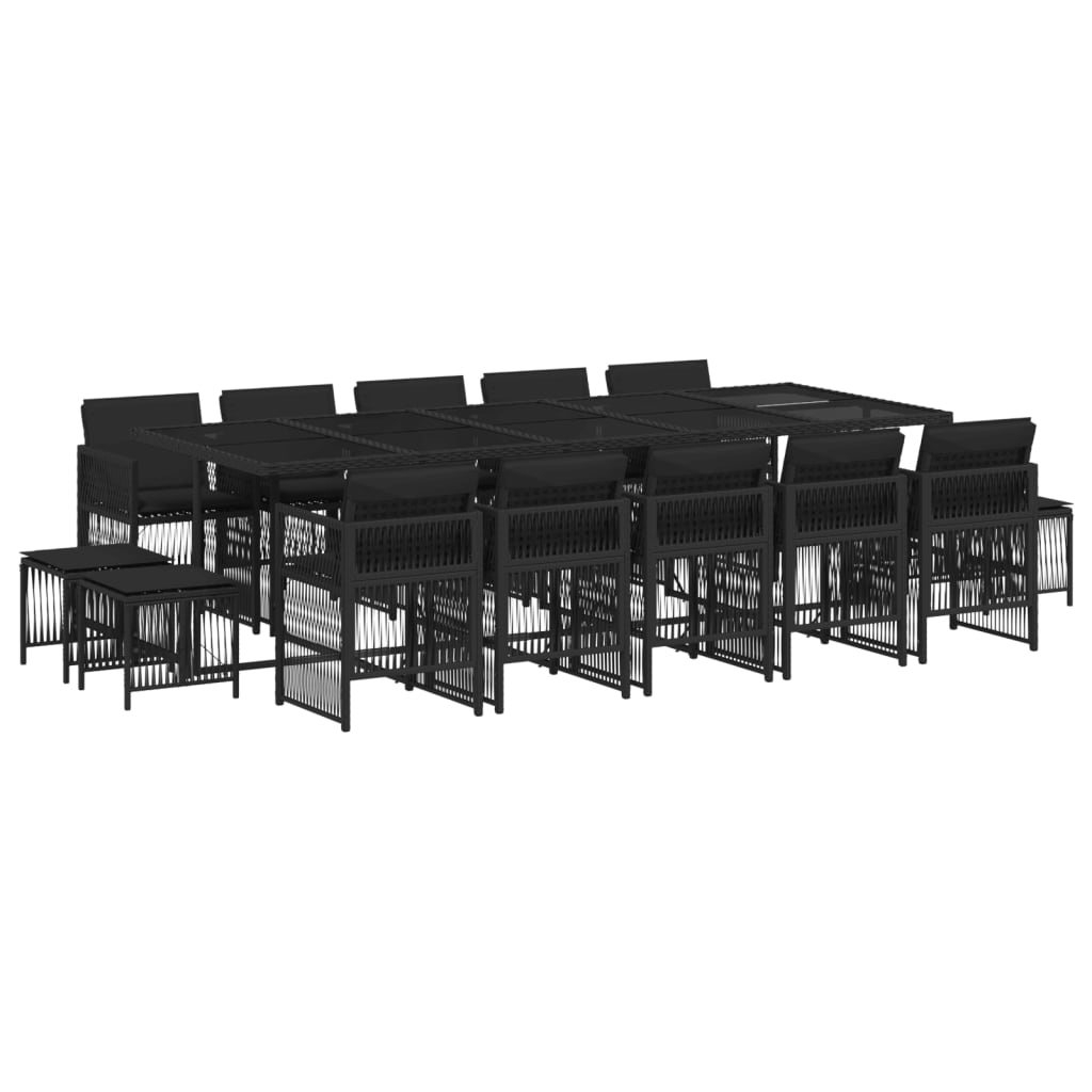 15 Piece Garden Dining Set with Cushions Black Poly Rattan
