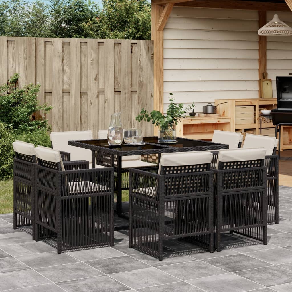 9 Piece Garden Dining Set with Cushions Black Poly Rattan
