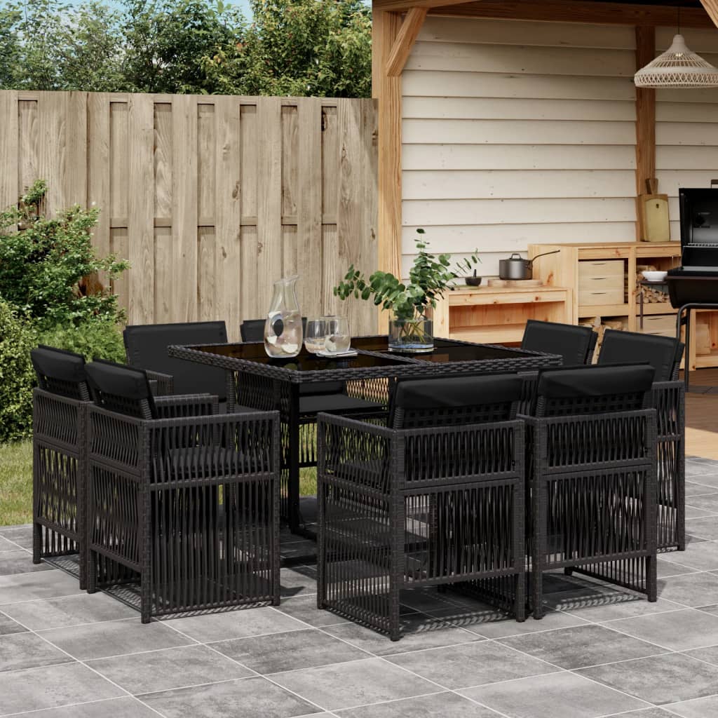 9 Piece Garden Dining Set with Cushions Black Poly Rattan