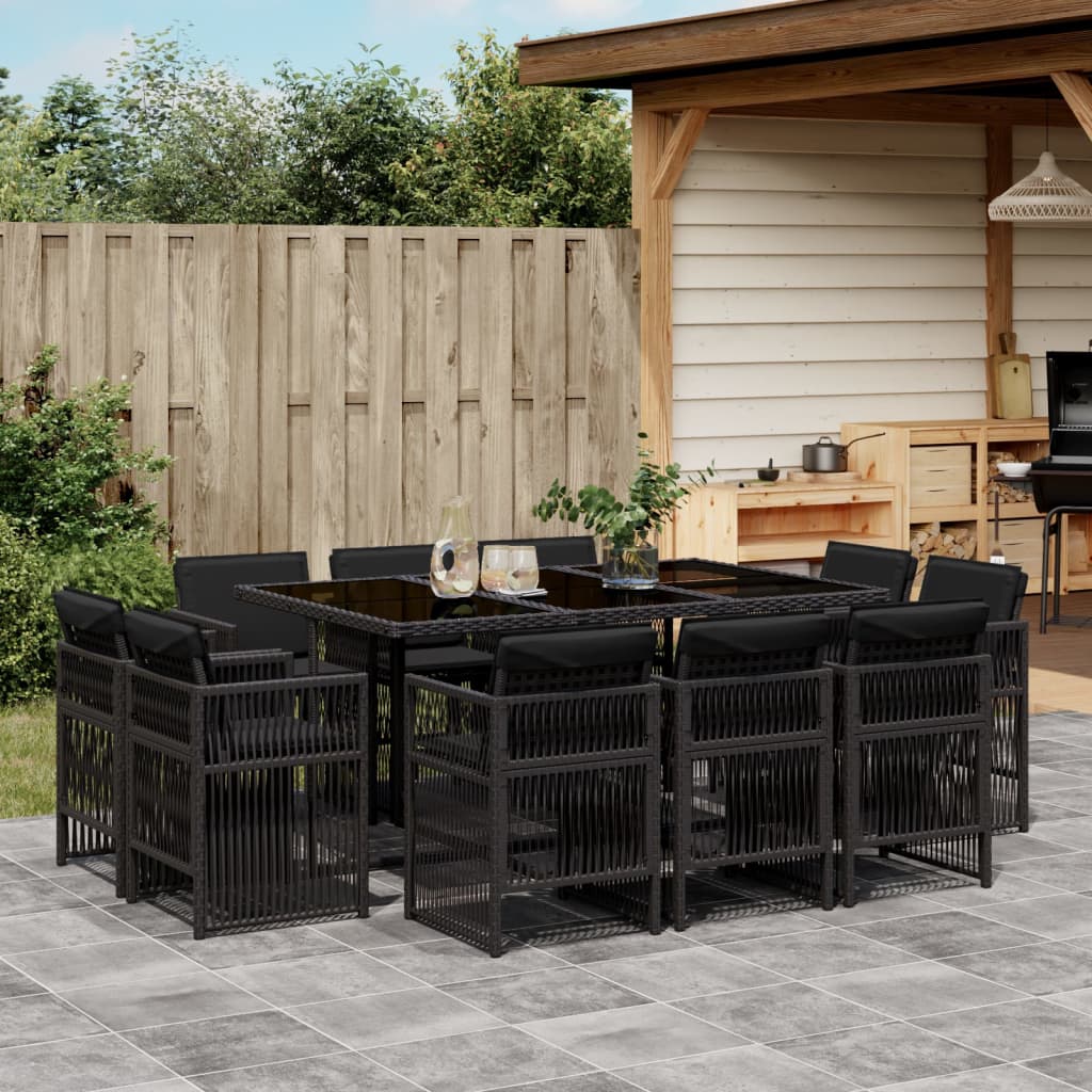 11 Piece Garden Dining Set with Cushions Black Poly Rattan