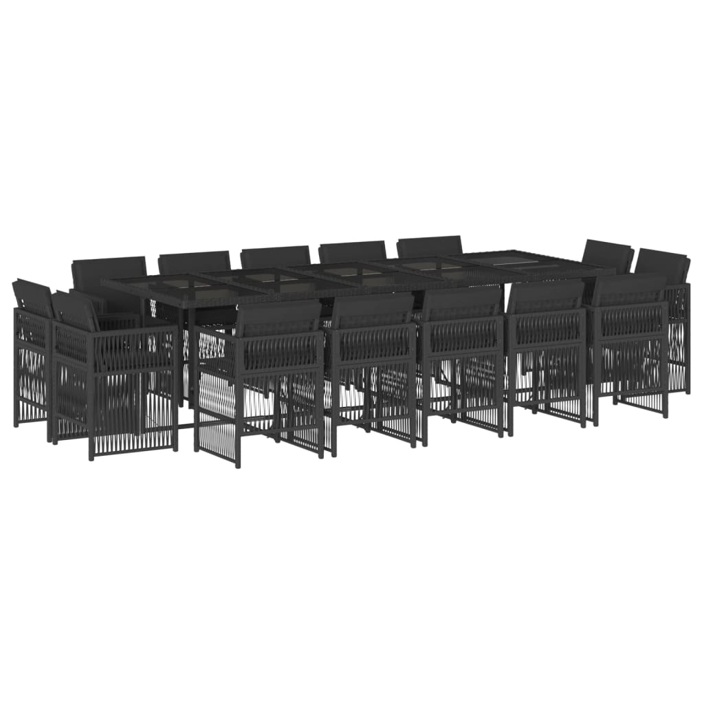 15 Piece Garden Dining Set with Cushions Black Poly Rattan