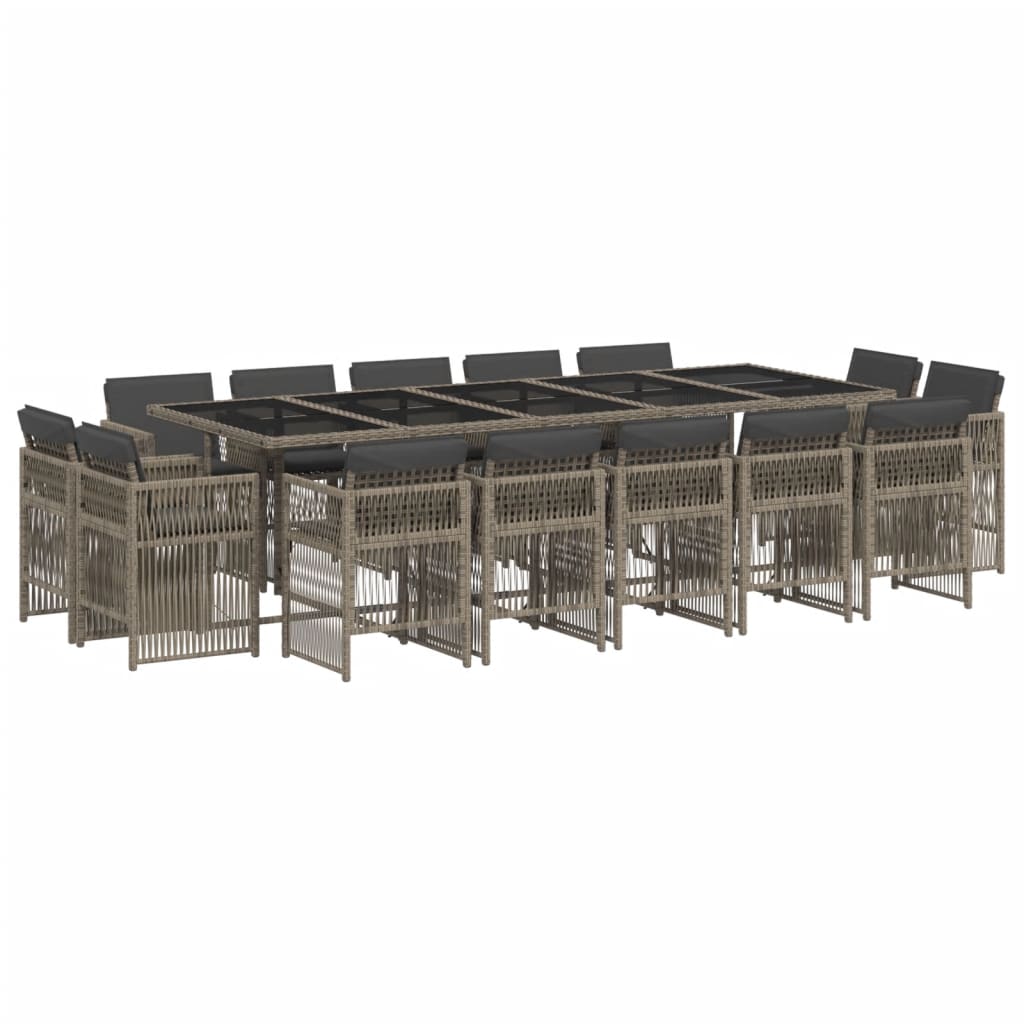 15 Piece Garden Dining Set with Cushions Grey Poly Rattan
