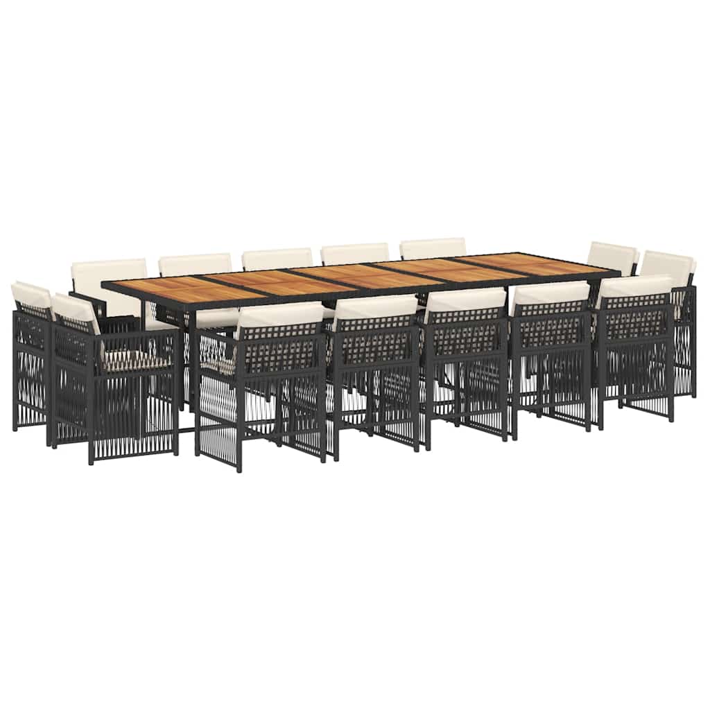 15 Piece Garden Dining Set with Cushions Black Poly Rattan
