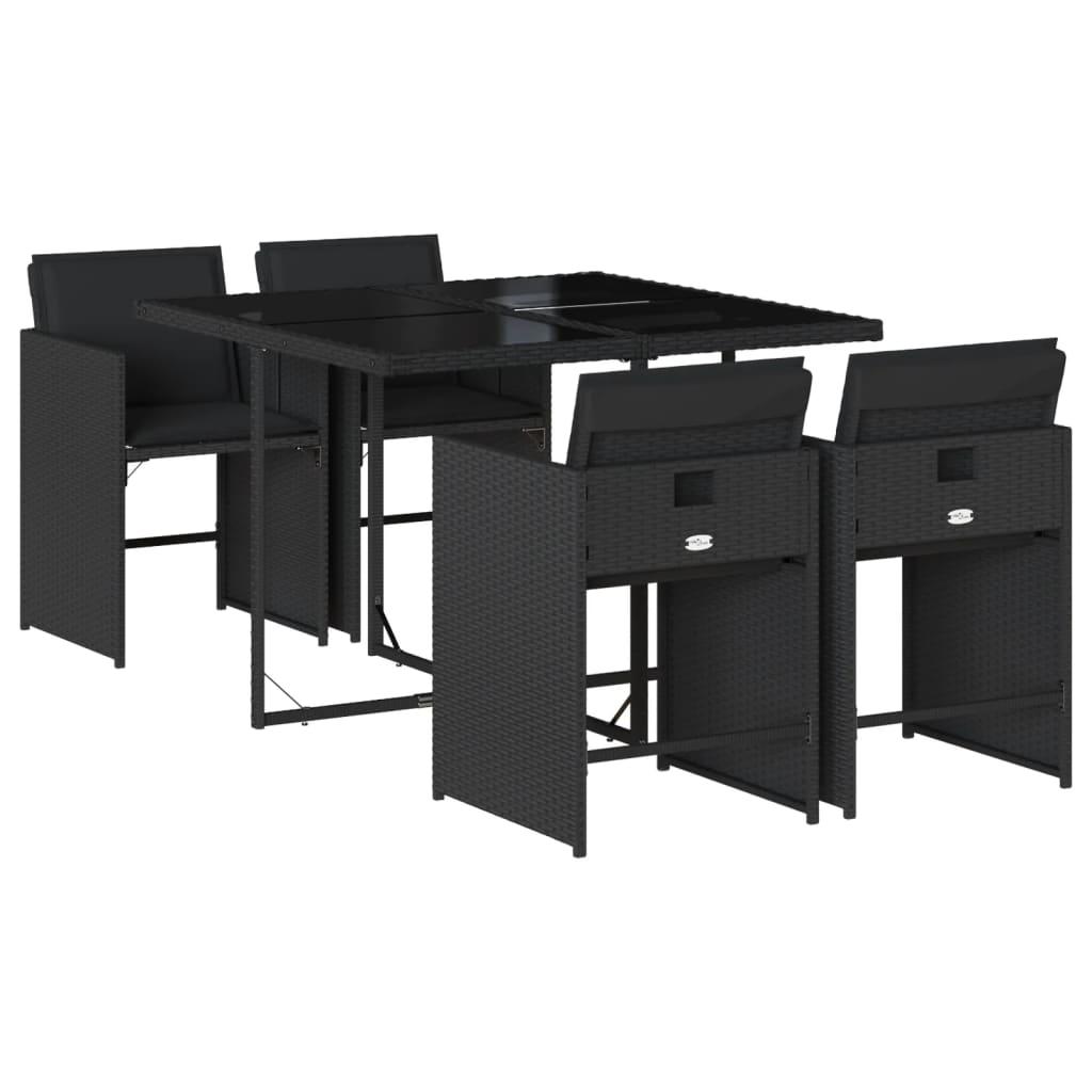 5 Piece Garden Dining Set with Cushions Black Poly Rattan