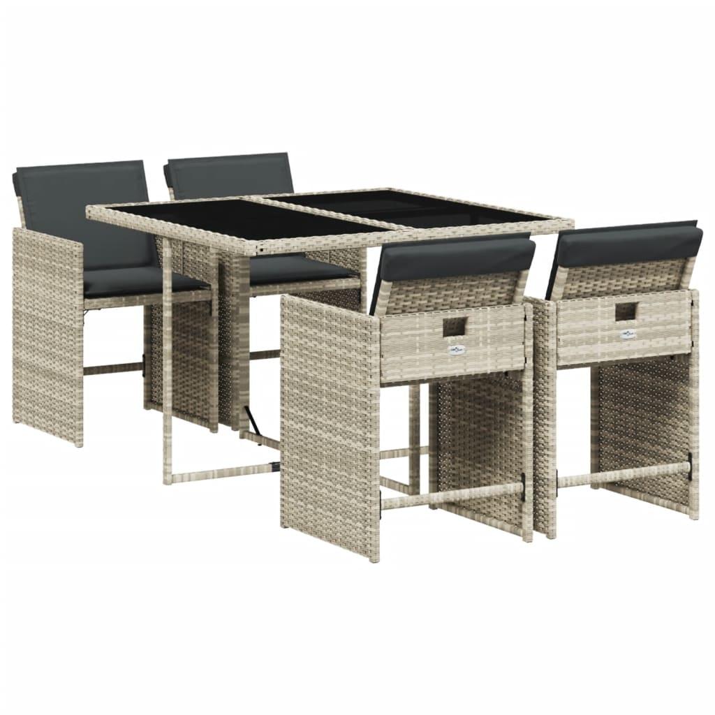 5 Piece Garden Dining Set with Cushions Light Grey Poly Rattan
