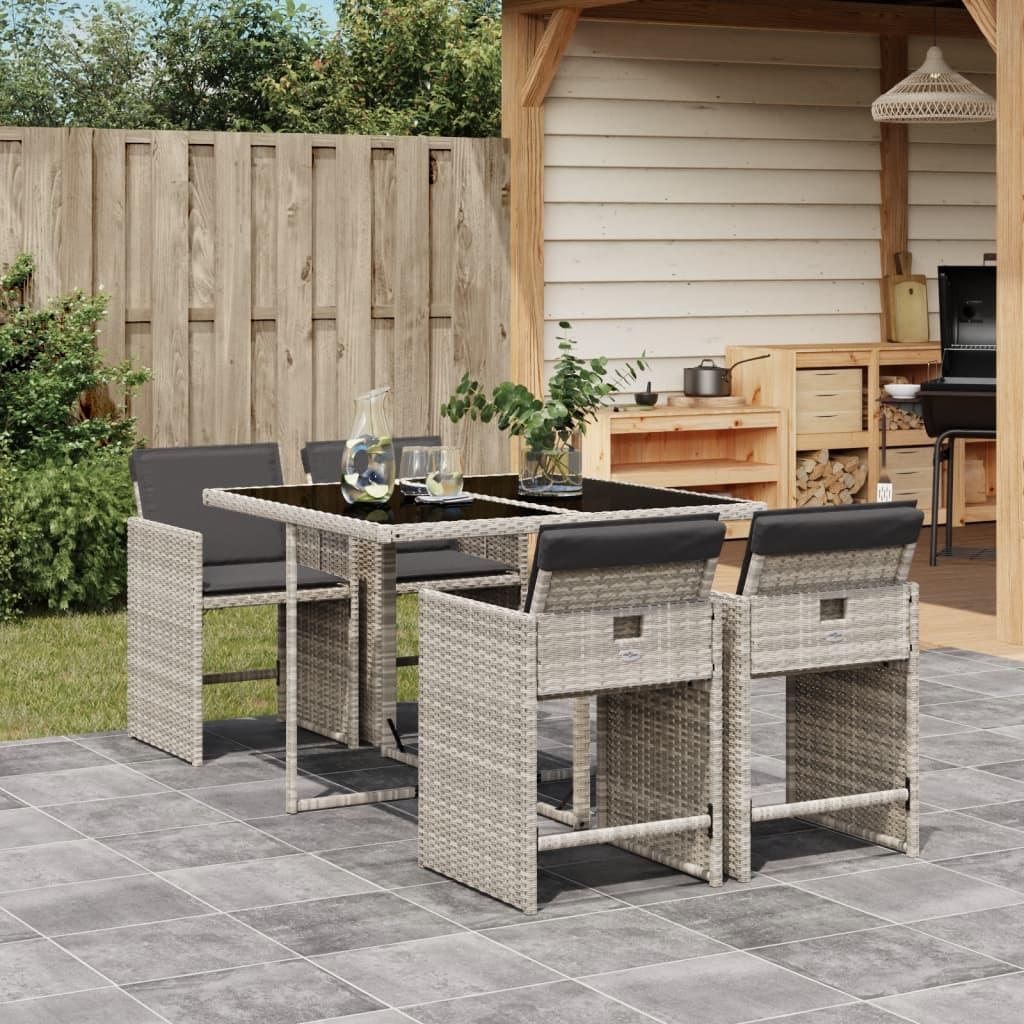 5 Piece Garden Dining Set with Cushions Light Grey Poly Rattan