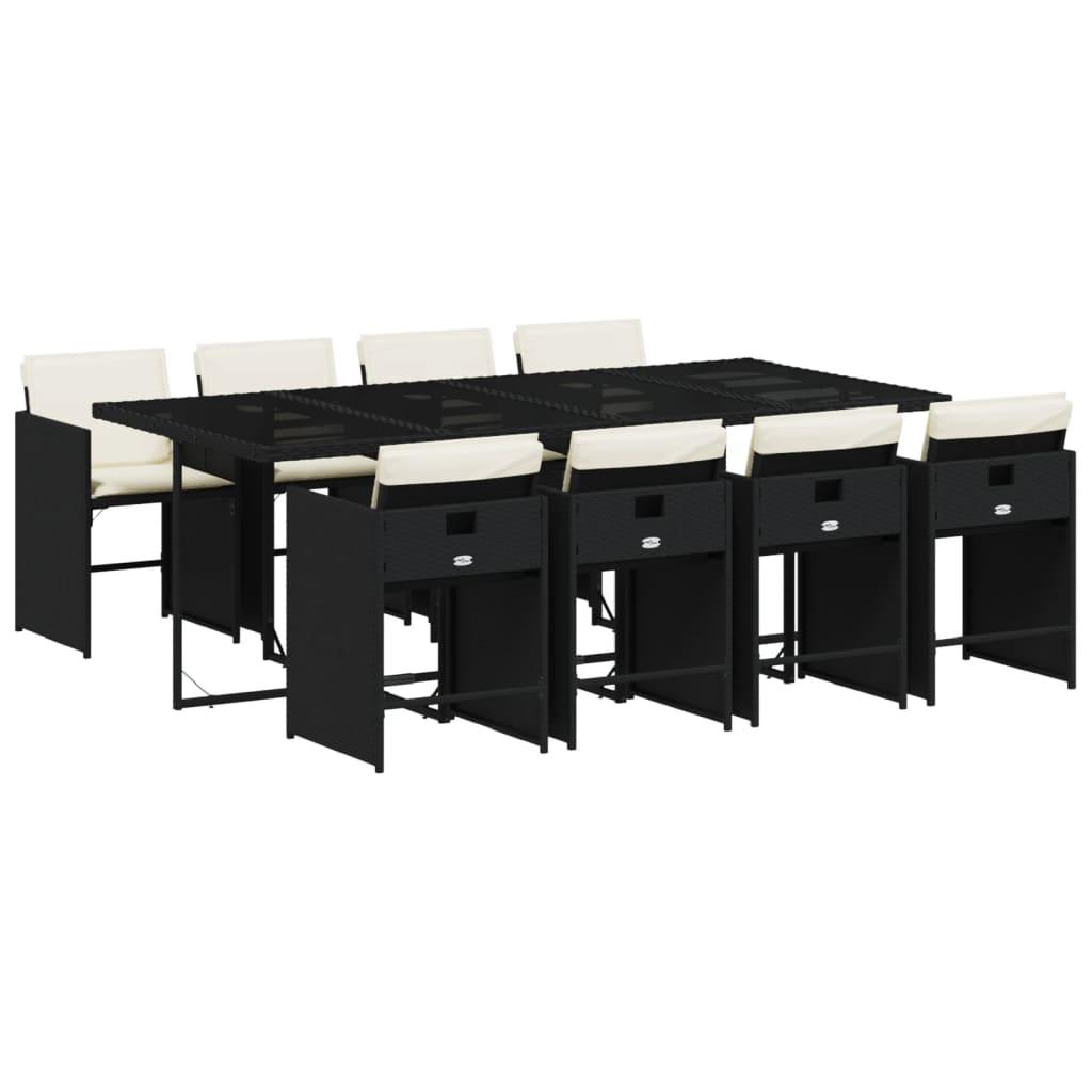 9 Piece Garden Dining Set with Cushions Black Poly Rattan
