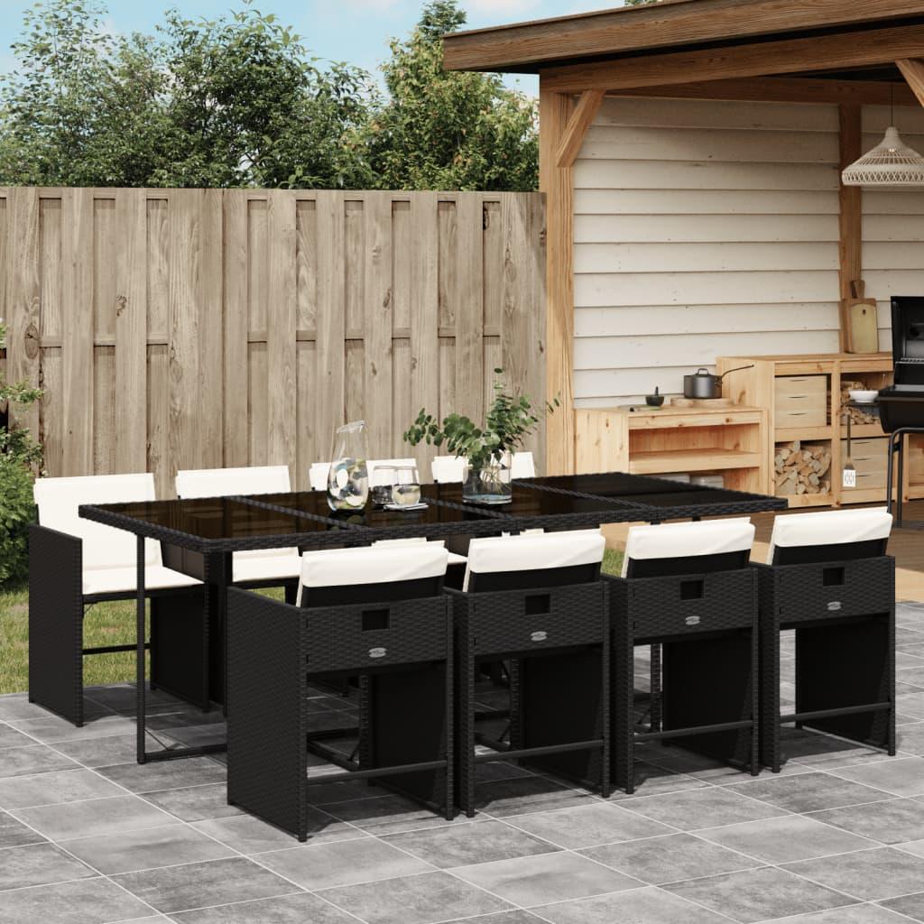 9 Piece Garden Dining Set with Cushions Black Poly Rattan
