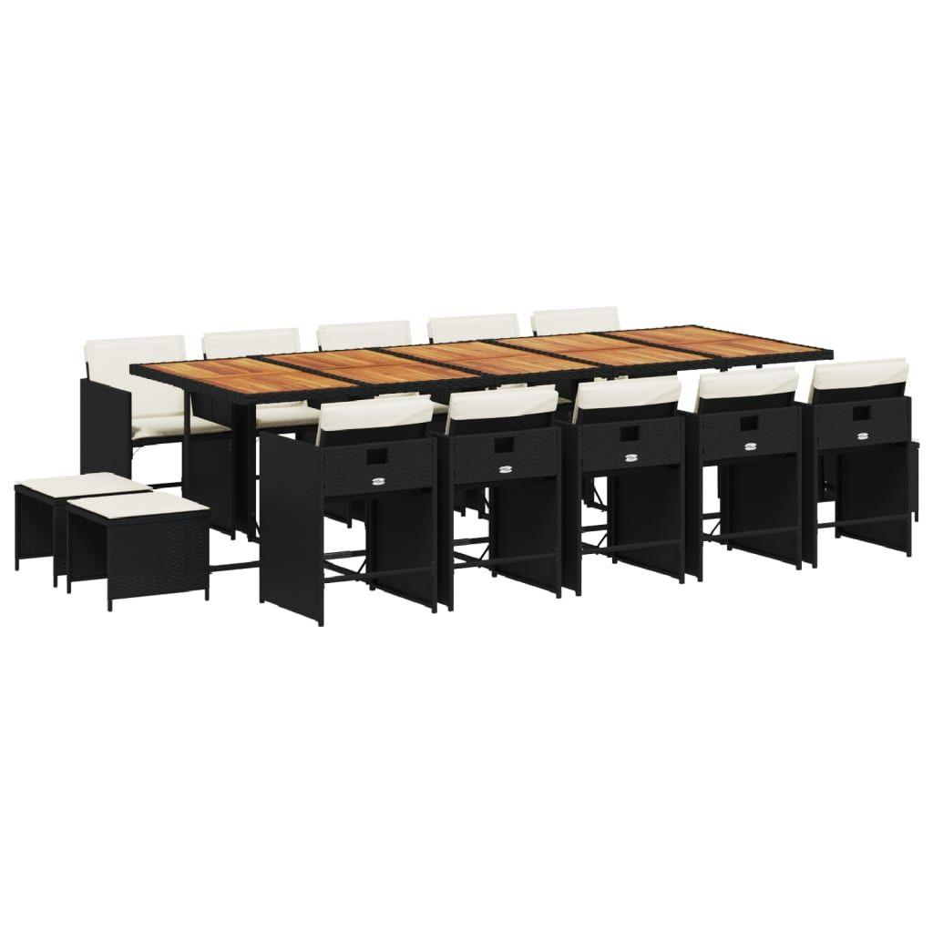 15 Piece Garden Dining Set with Cushions Black Poly Rattan