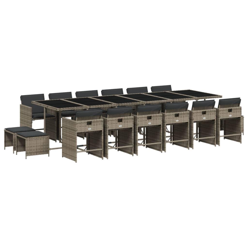 17 Piece Garden Dining Set with Cushions Grey Poly Rattan