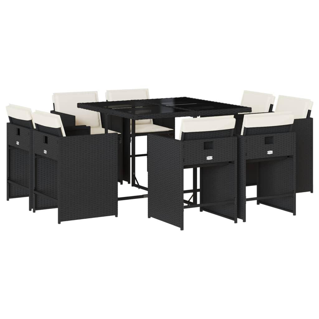 9 Piece Garden Dining Set with Cushions Black Poly Rattan