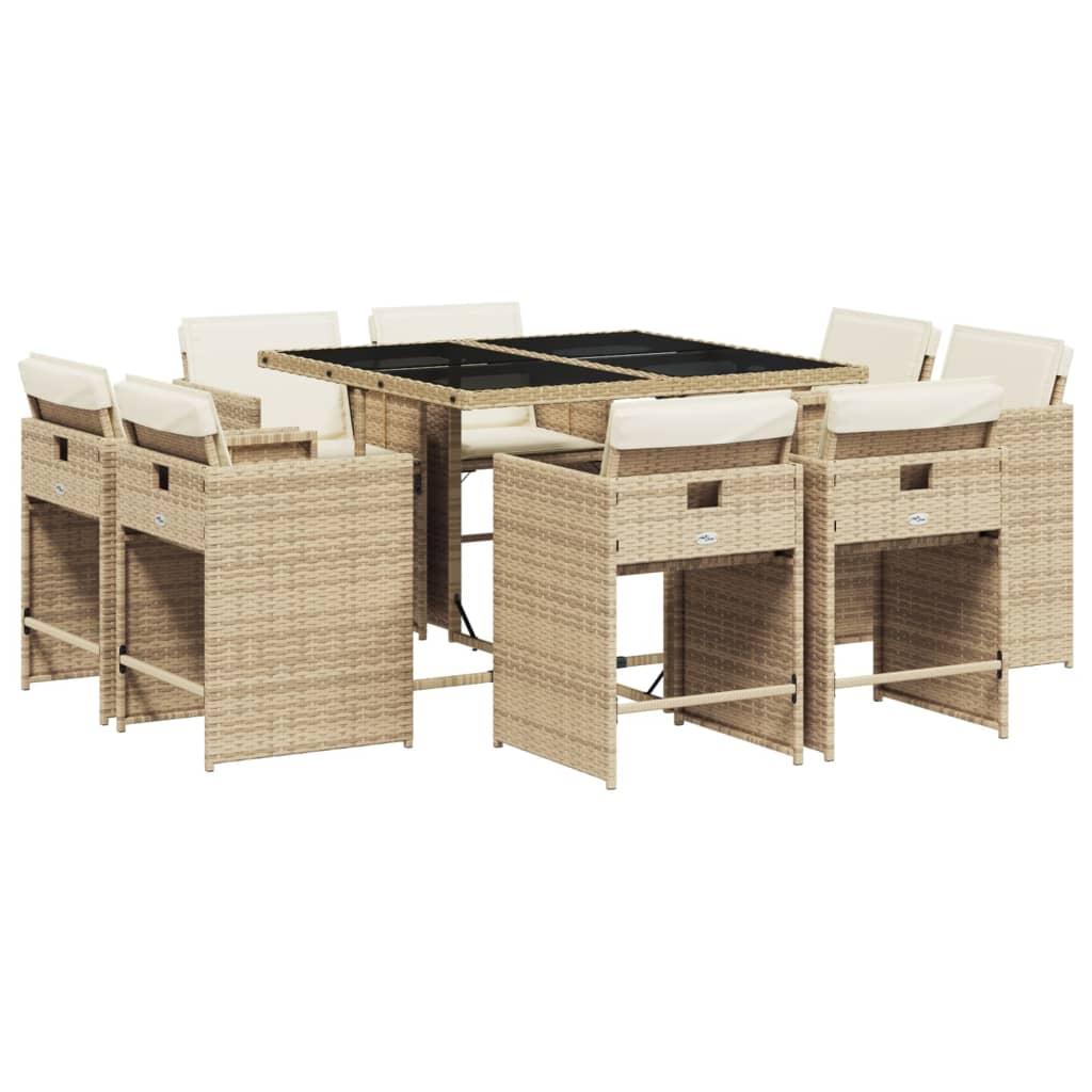 9 Piece Garden Dining Set with Cushions Beige Poly Rattan