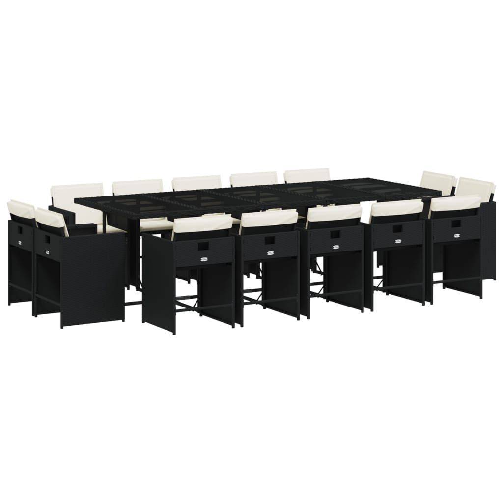15 Piece Garden Dining Set with Cushions Black Poly Rattan