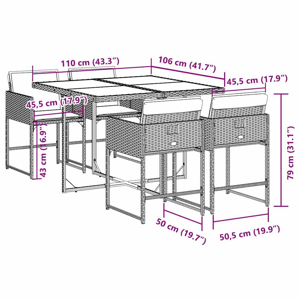 5 Piece Garden Dining Set with Cushions Grey Poly Rattan
