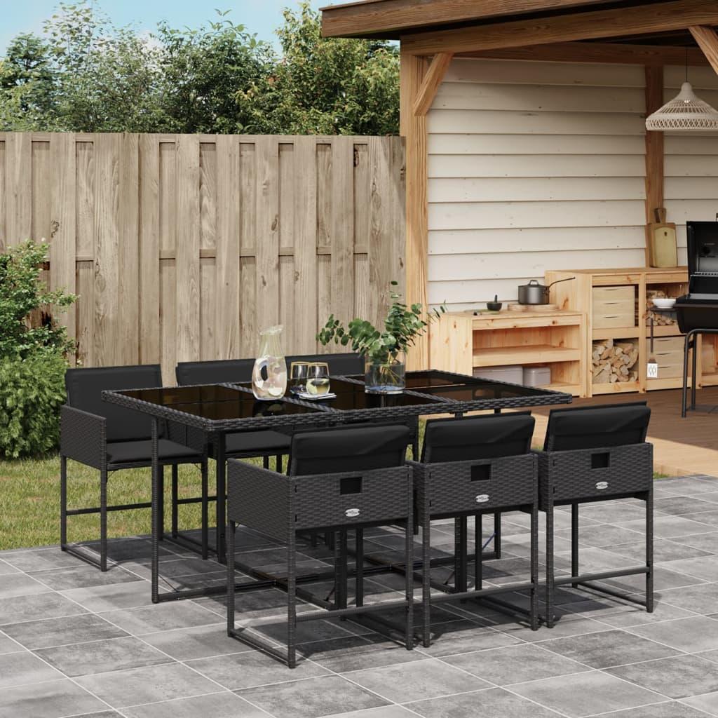 7 Piece Garden Dining Set with Cushions Black Poly Rattan