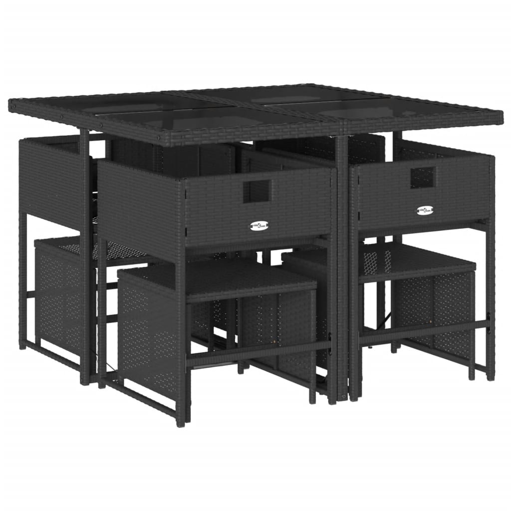 9 Piece Garden Dining Set with Cushions Black Poly Rattan