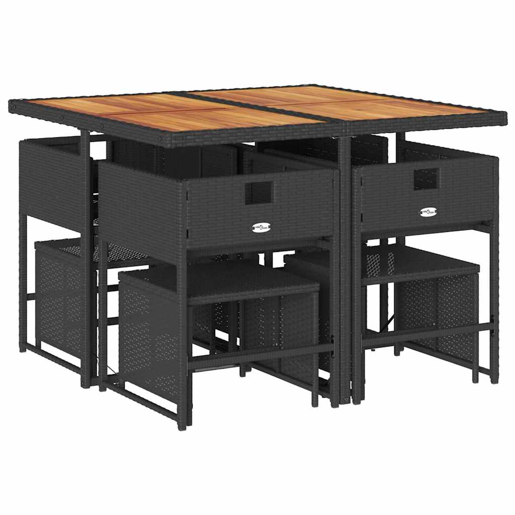 9 Piece Garden Dining Set with Cushions Black Poly Rattan