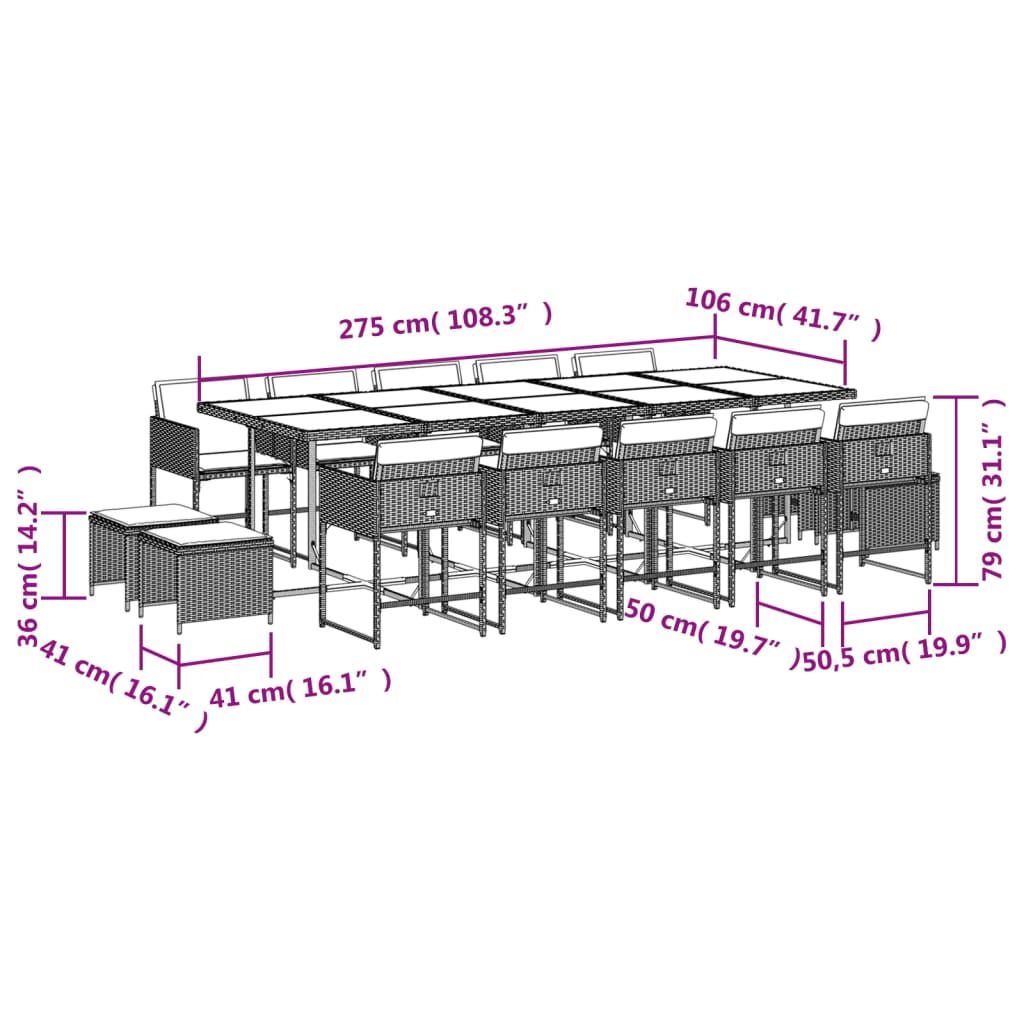 15 Piece Garden Dining Set with Cushions Beige Poly Rattan