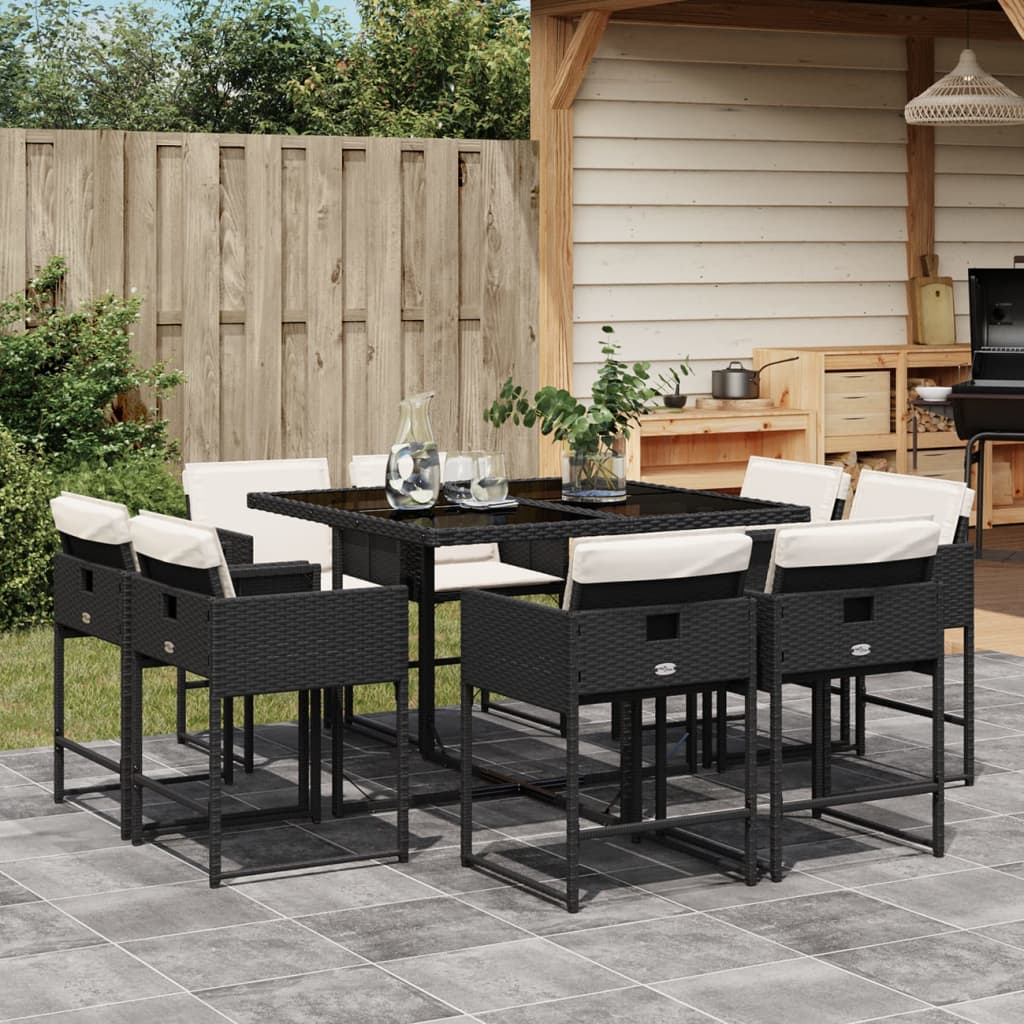 9 Piece Garden Dining Set with Cushions Black Poly Rattan