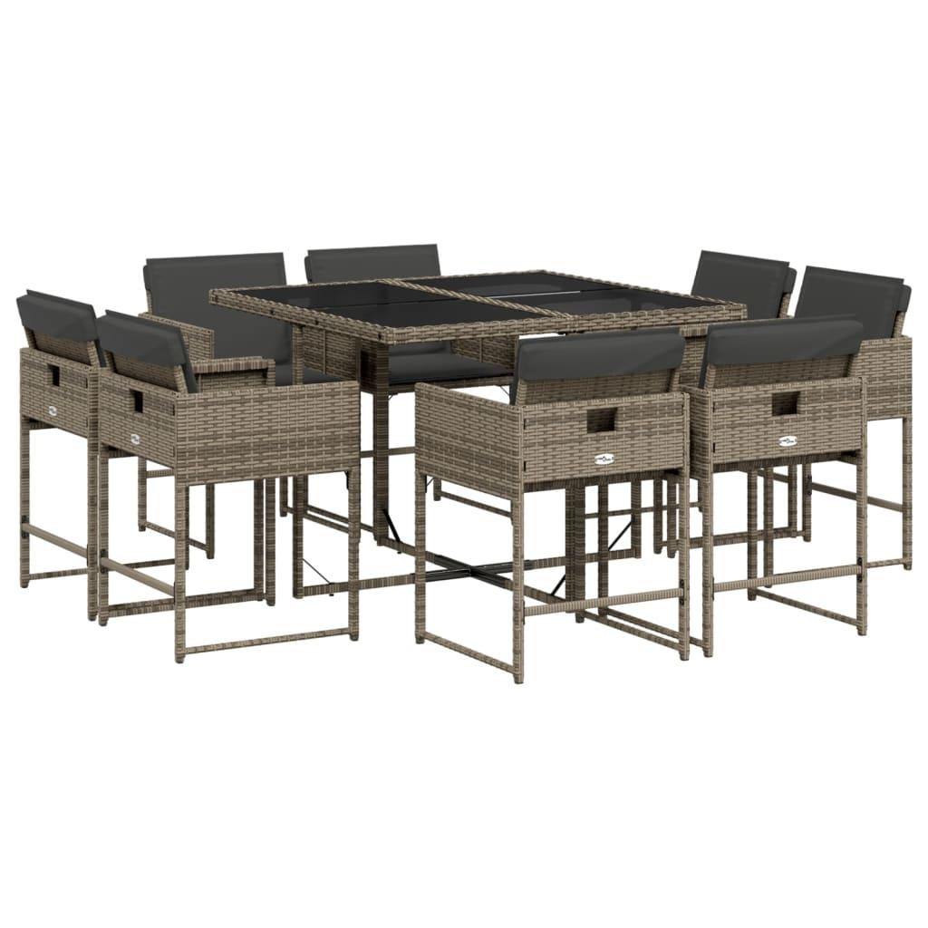 9 Piece Garden Dining Set with Cushions Grey Poly Rattan