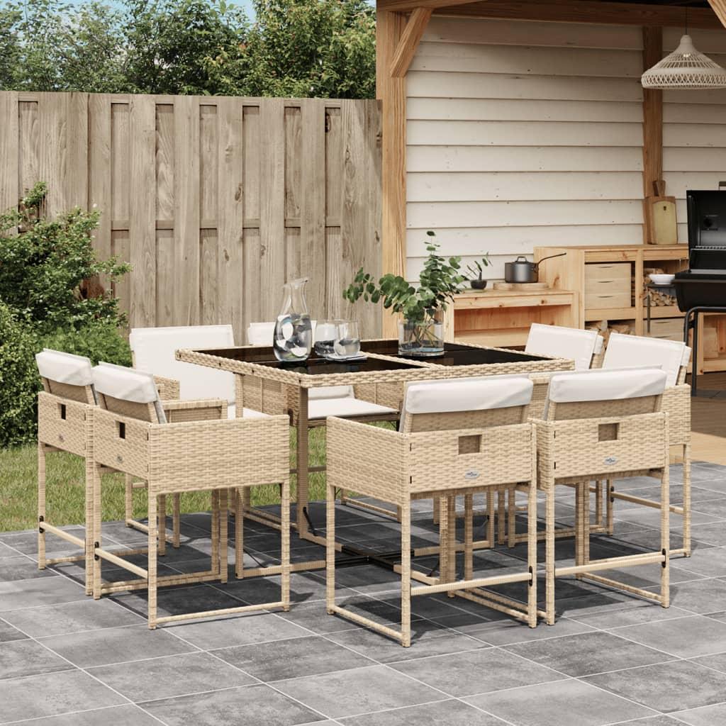 9 Piece Garden Dining Set with Cushions Beige Poly Rattan