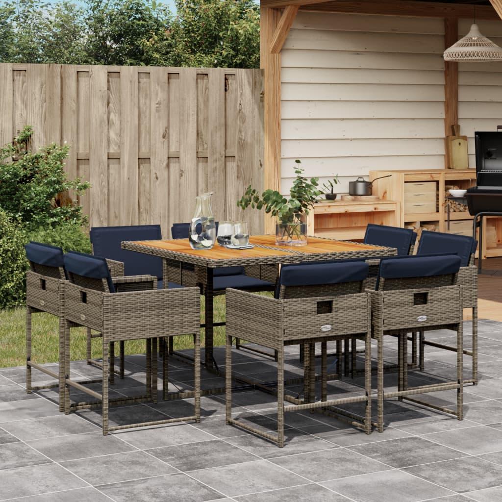 9 Piece Garden Dining Set with Cushions Grey Poly Rattan