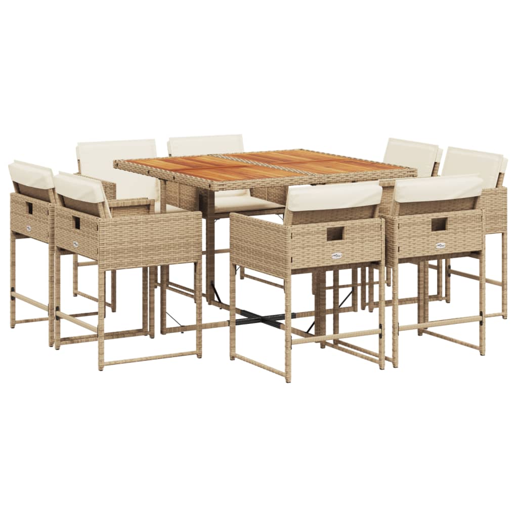 9 Piece Garden Dining Set with Cushions Beige Poly Rattan