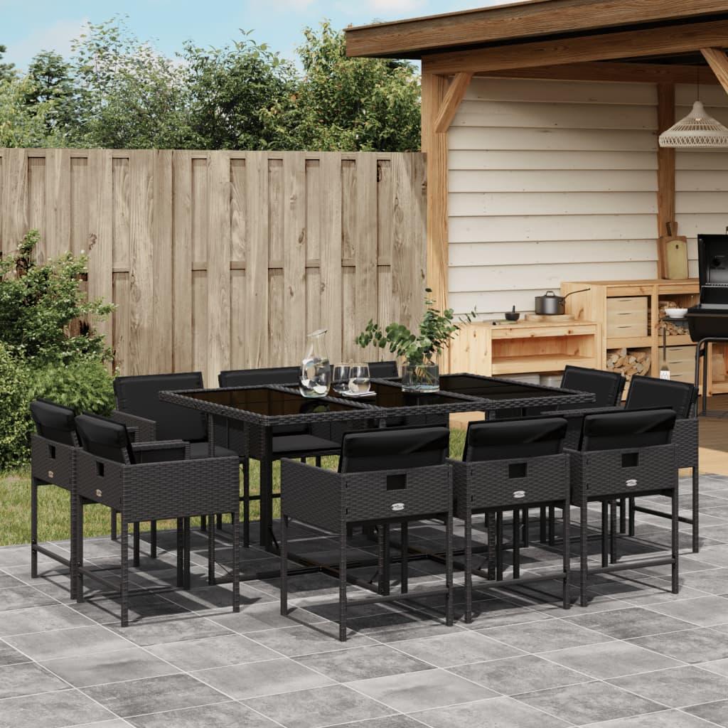 11 Piece Garden Dining Set with Cushions Black Poly Rattan