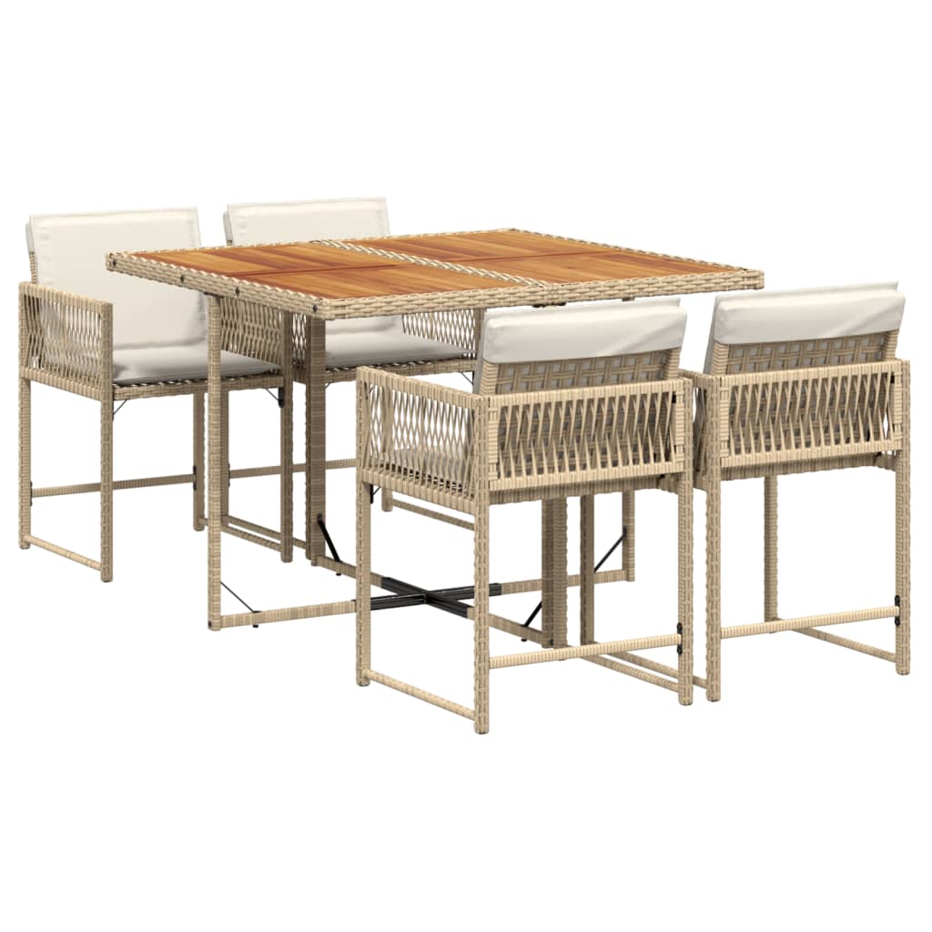 5 Piece Garden Dining Set with Cushions Beige Poly Rattan