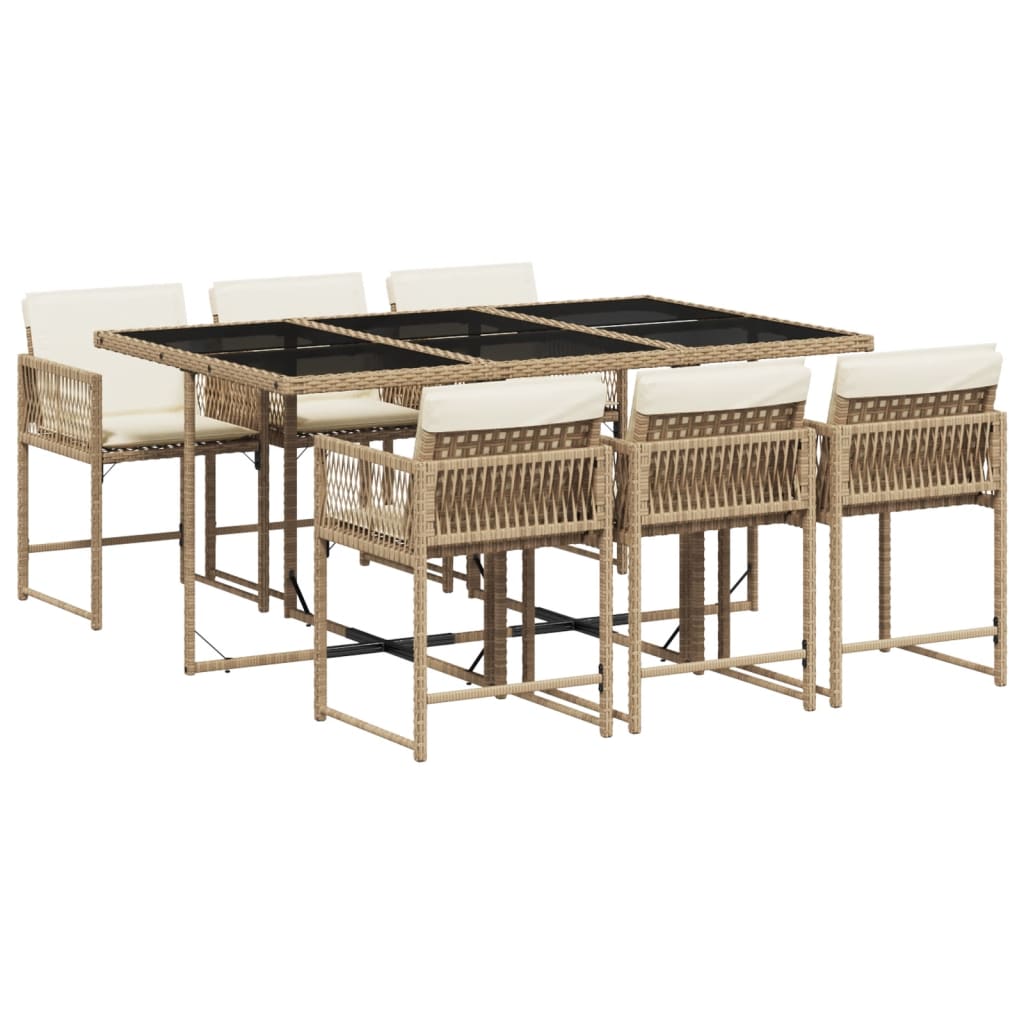 7 Piece Garden Dining Set with Cushions Beige Poly Rattan