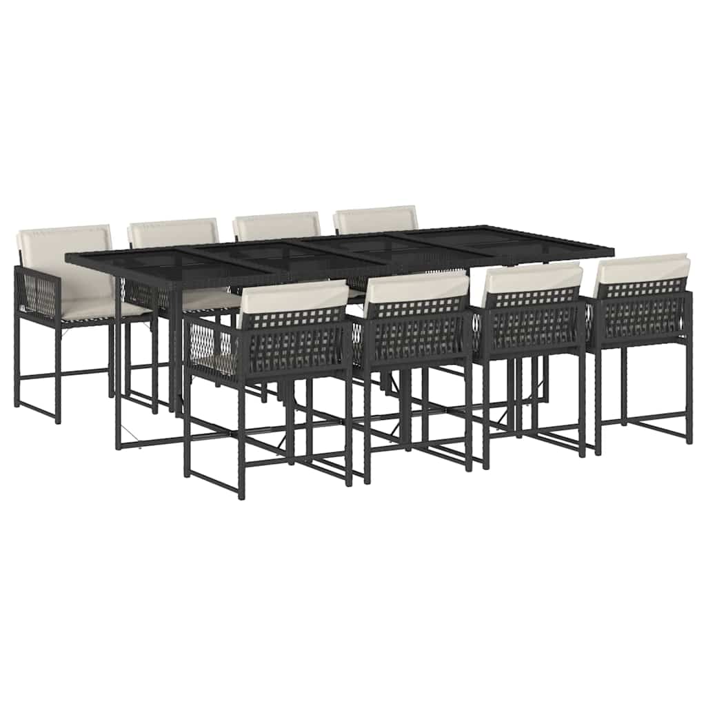 9 Piece Garden Dining Set with Cushions Black Poly Rattan
