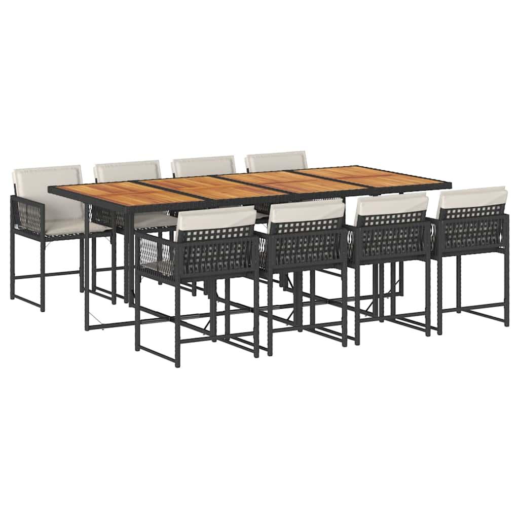 9 Piece Garden Dining Set with Cushions Black Poly Rattan