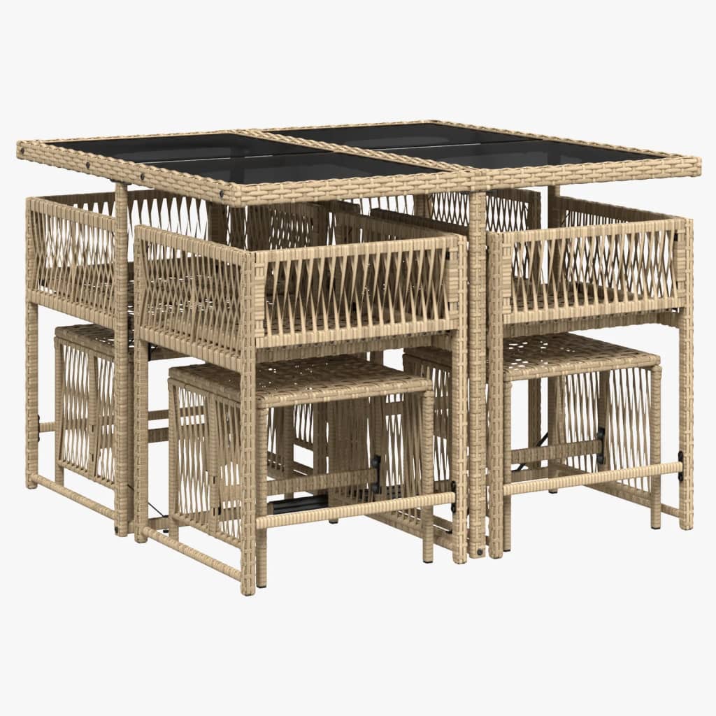 9 Piece Garden Dining Set with Cushions Beige Poly Rattan