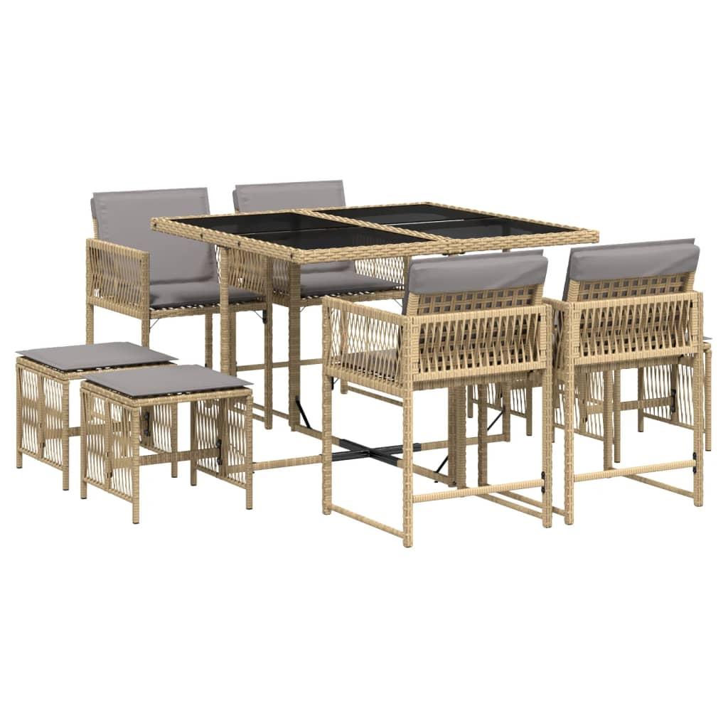 9 Piece Garden Dining Set with Cushions Mix Beige Poly Rattan