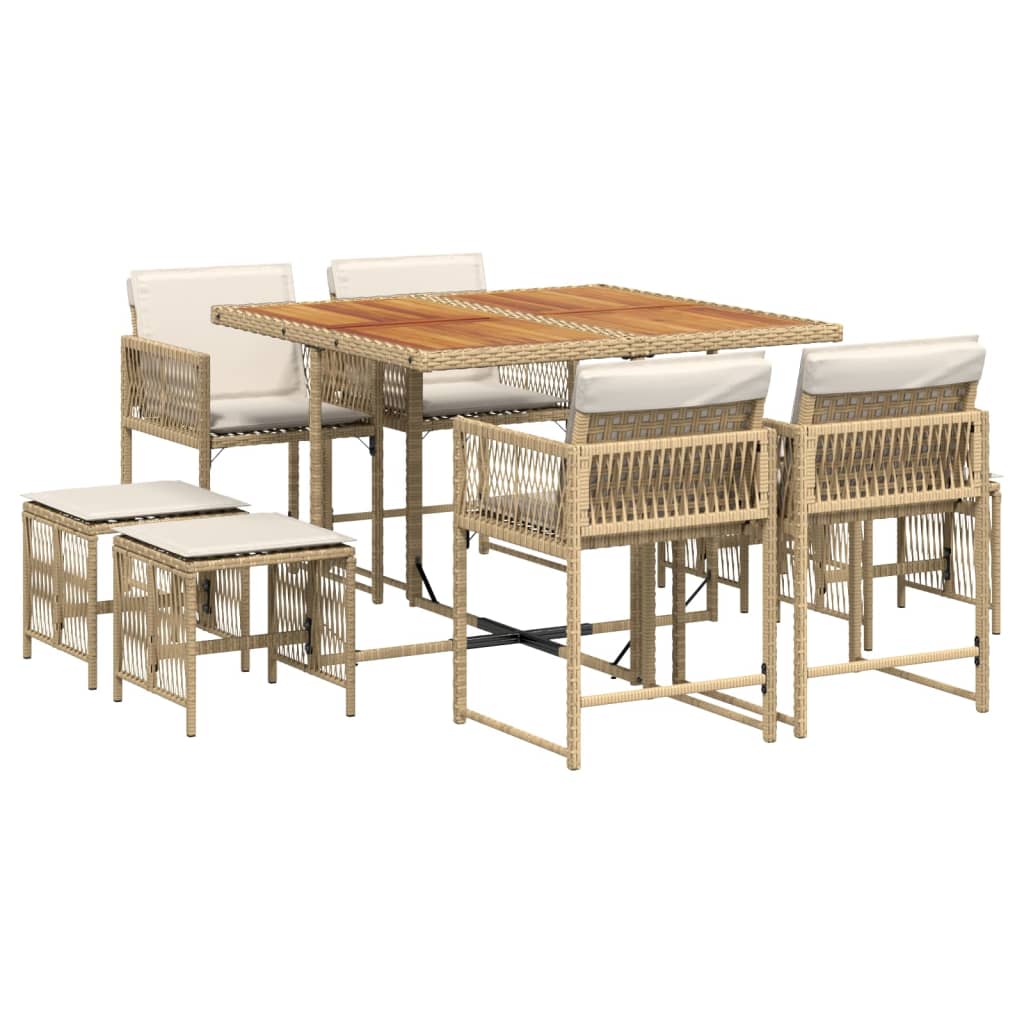9 Piece Garden Dining Set with Cushions Beige Poly Rattan