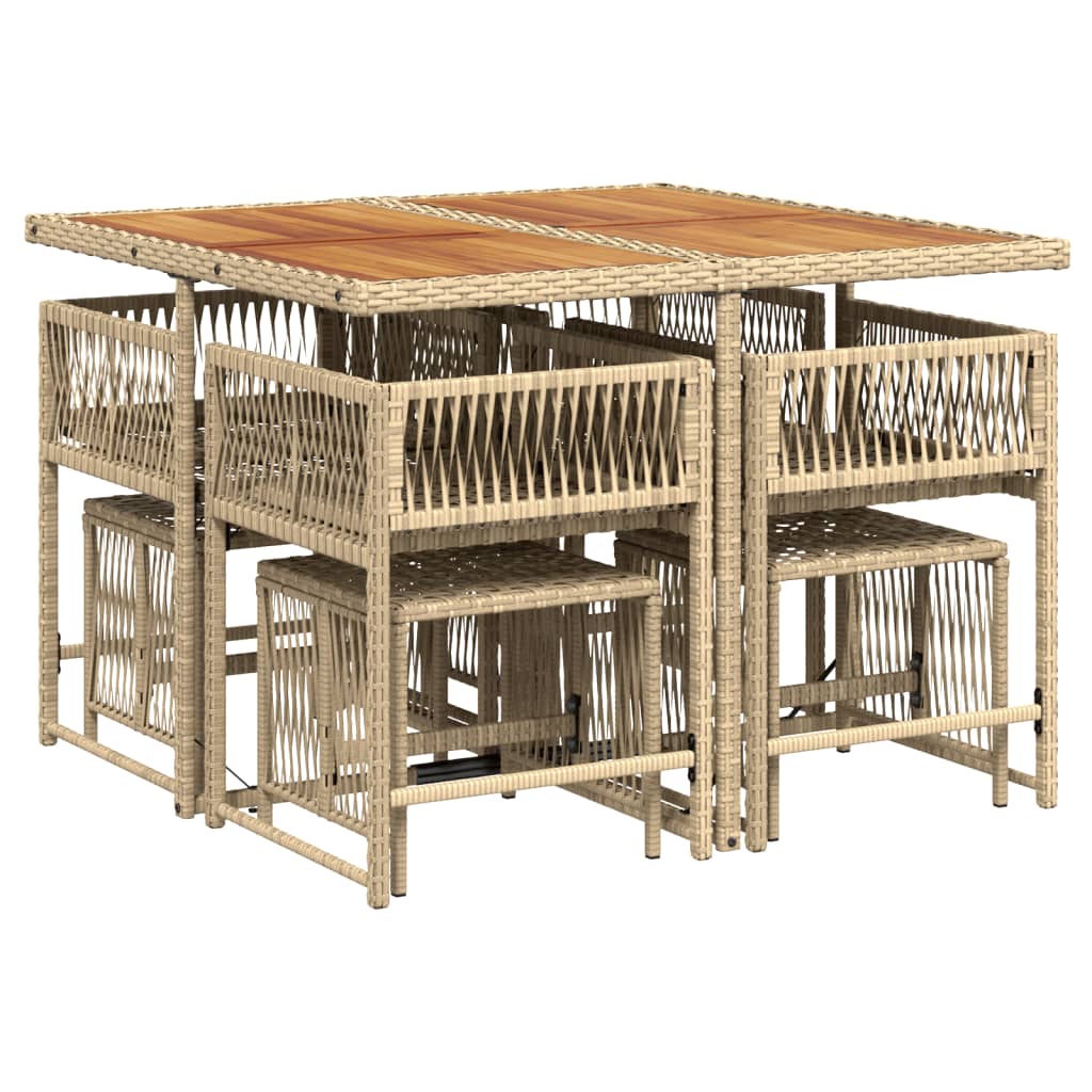 9 Piece Garden Dining Set with Cushions Beige Poly Rattan