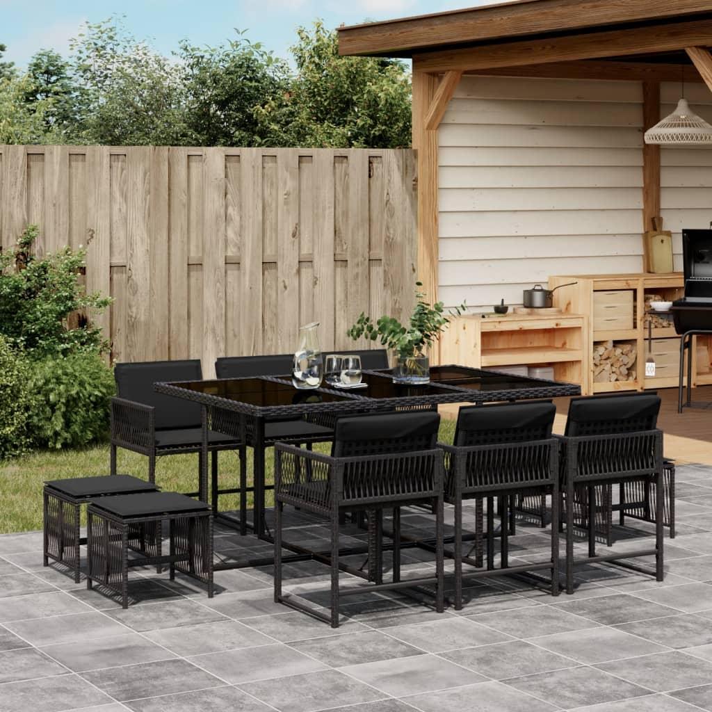 11 Piece Garden Dining Set with Cushions Black Poly Rattan