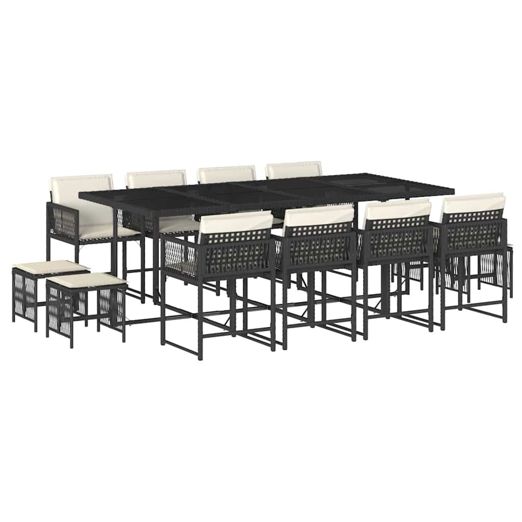 13 Piece Garden Dining Set with Cushions Black Poly Rattan