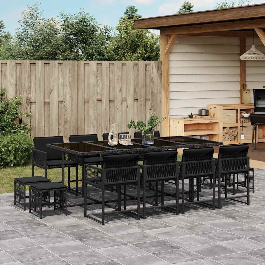 13 Piece Garden Dining Set with Cushions Black Poly Rattan