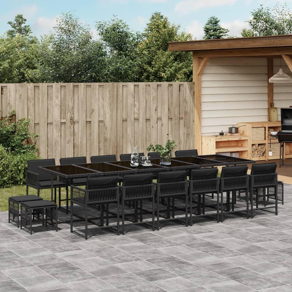 17 Piece Garden Dining Set with Cushions Black Poly Rattan