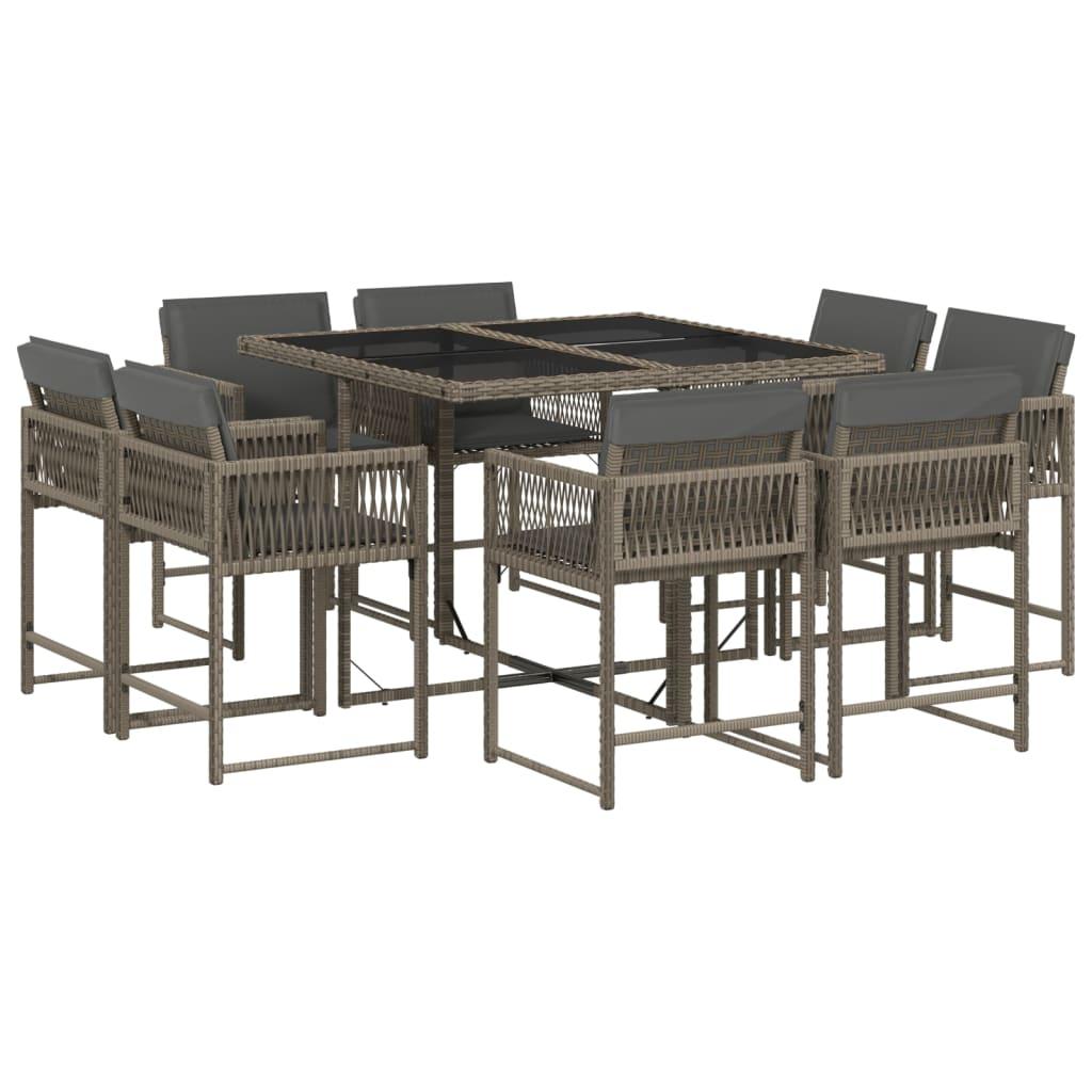 9 Piece Garden Dining Set with Cushions Grey Poly Rattan