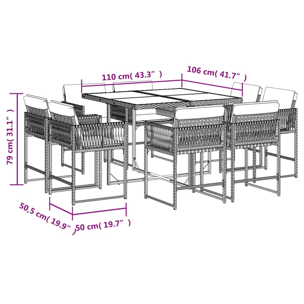 9 Piece Garden Dining Set with Cushions Grey Poly Rattan