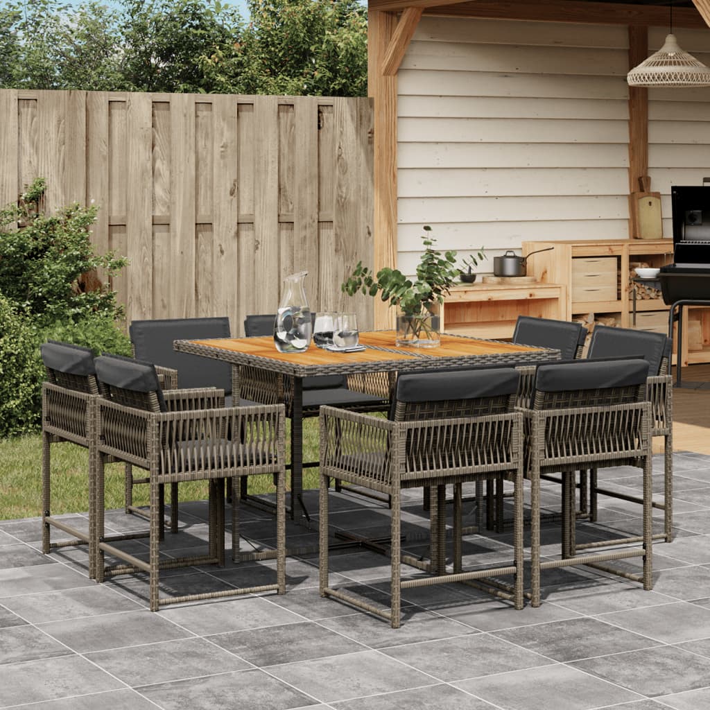 9 Piece Garden Dining Set with Cushions Grey Poly Rattan