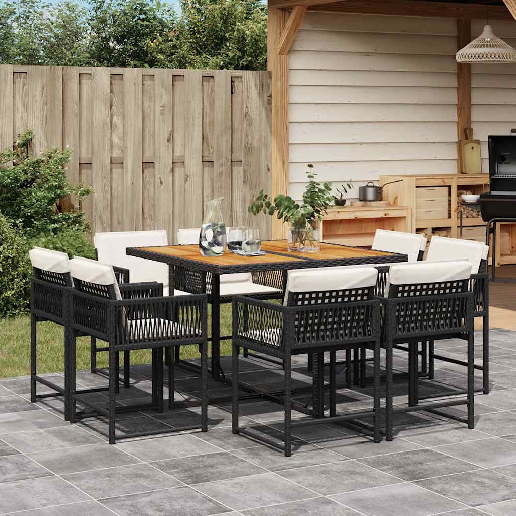 9 Piece Garden Dining Set with Cushions Black Poly Rattan