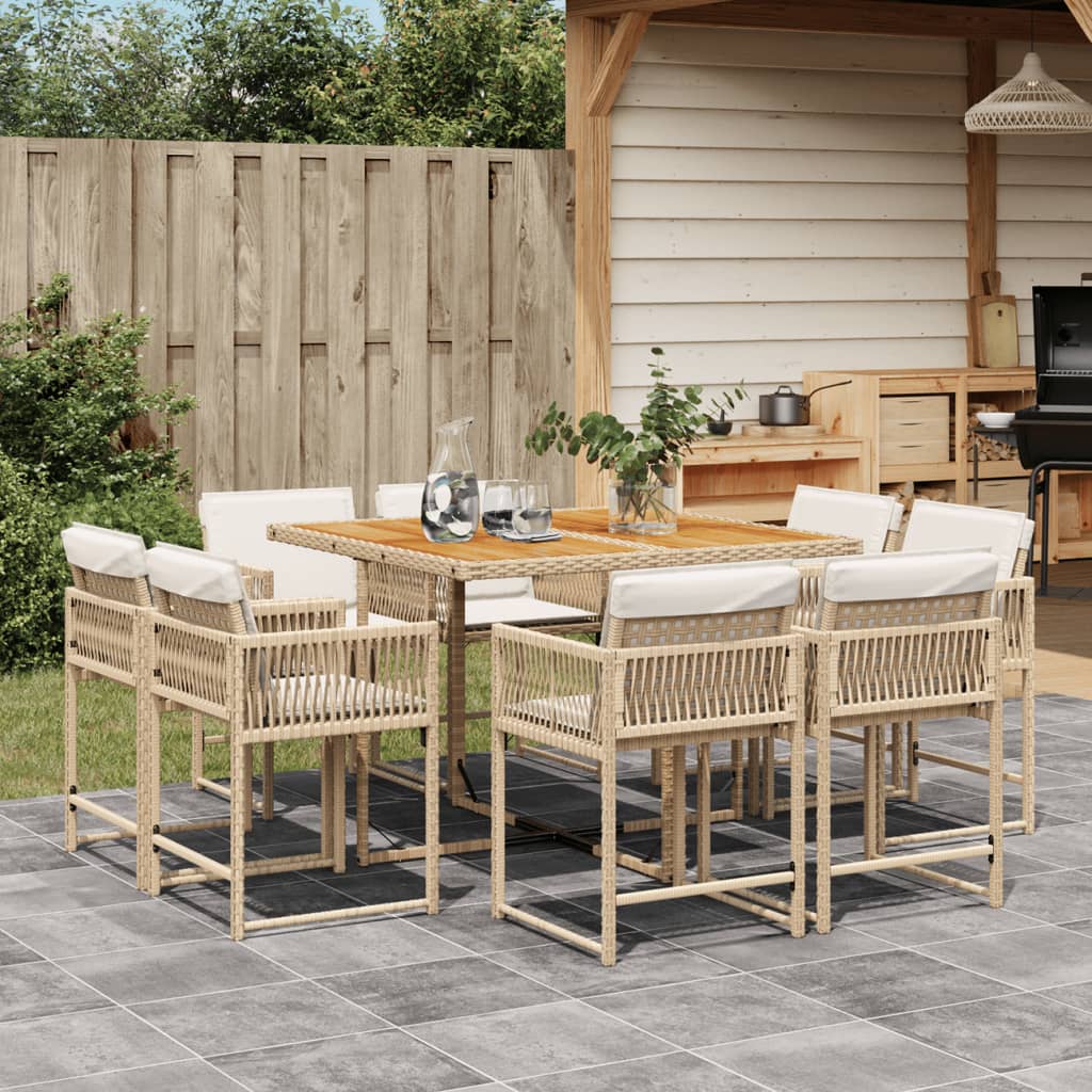 9 Piece Garden Dining Set with Cushions Beige Poly Rattan