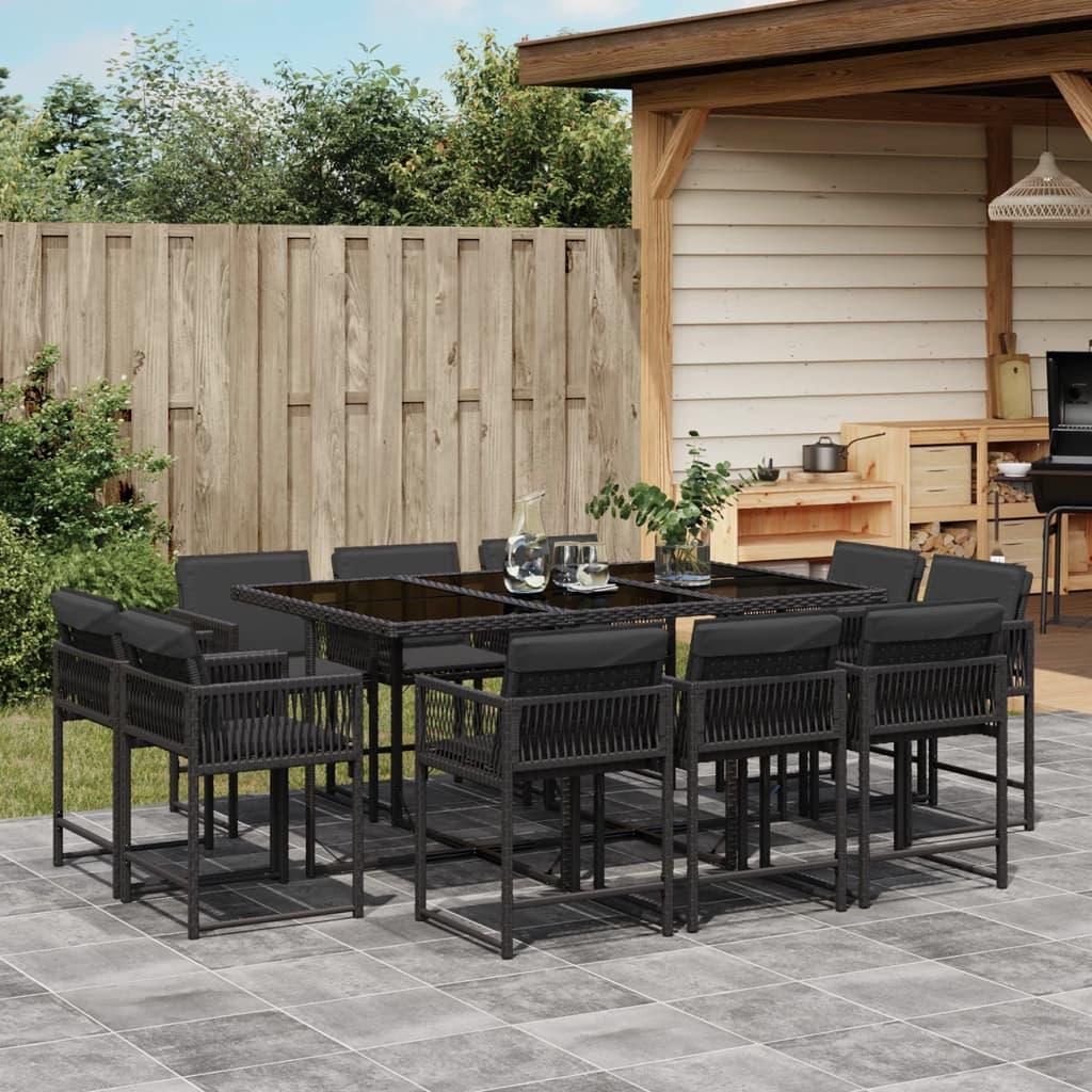 11 Piece Garden Dining Set with Cushions Black Poly Rattan