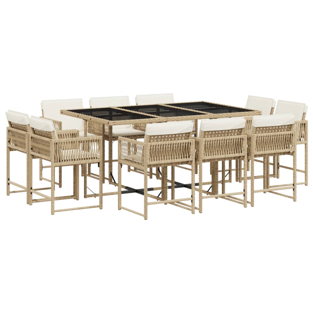 11 Piece Garden Dining Set with Cushions Beige Poly Rattan