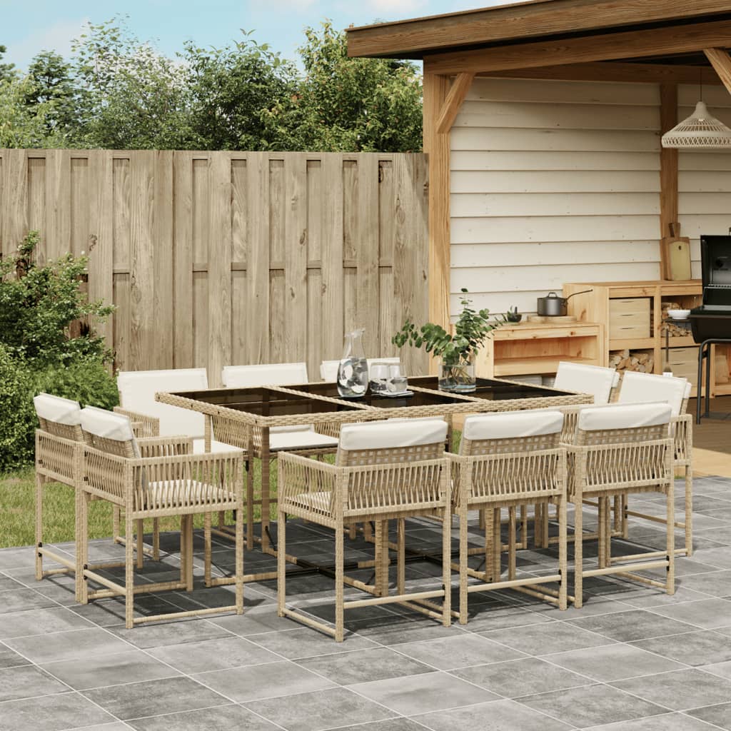 11 Piece Garden Dining Set with Cushions Beige Poly Rattan