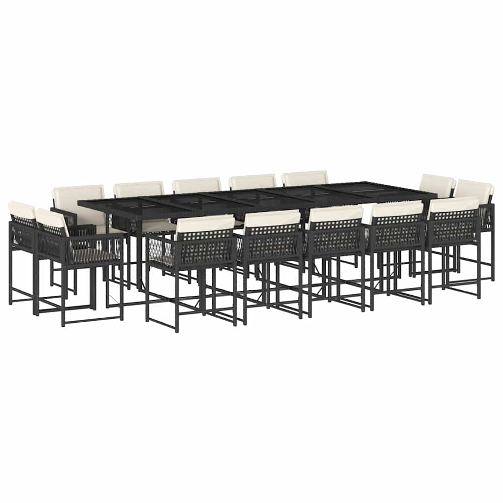 15 Piece Garden Dining Set with Cushions Black Poly Rattan
