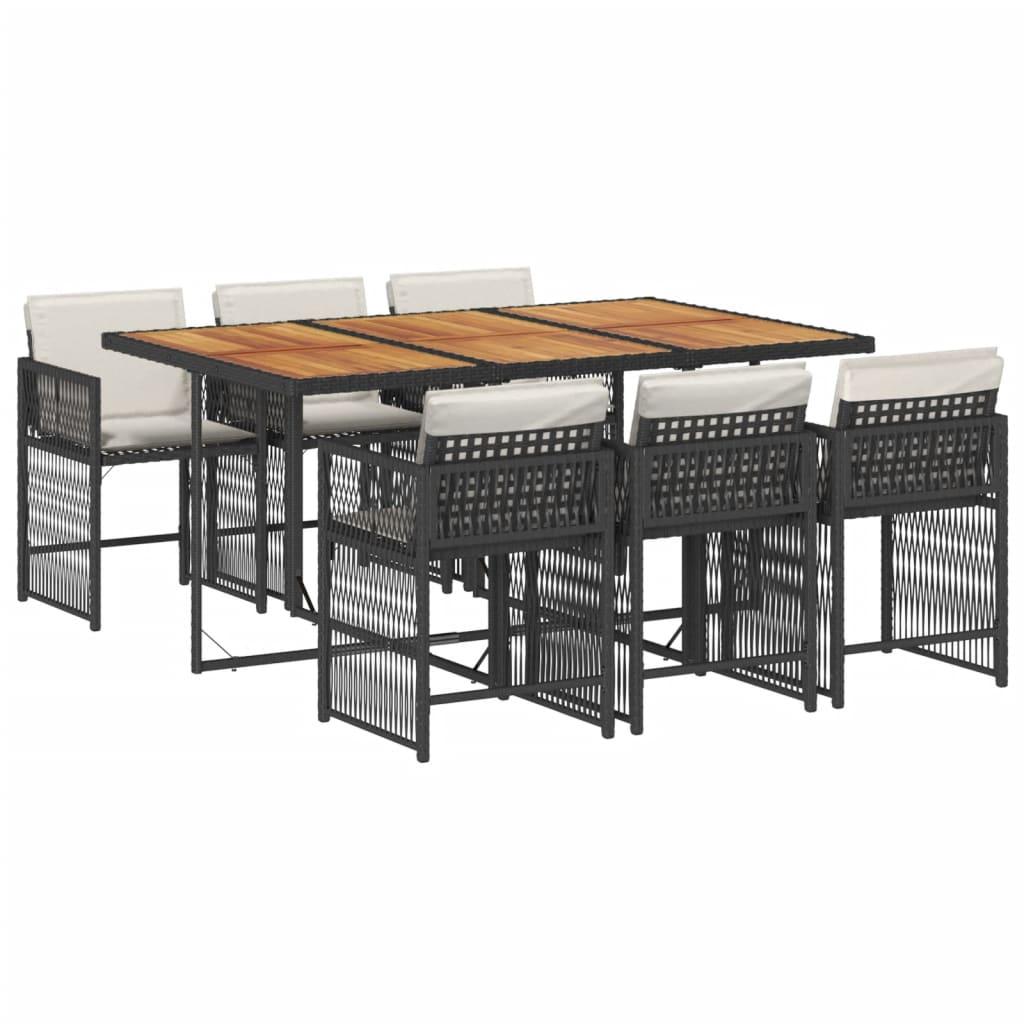 7 Piece Garden Dining Set with Cushions Black Poly Rattan